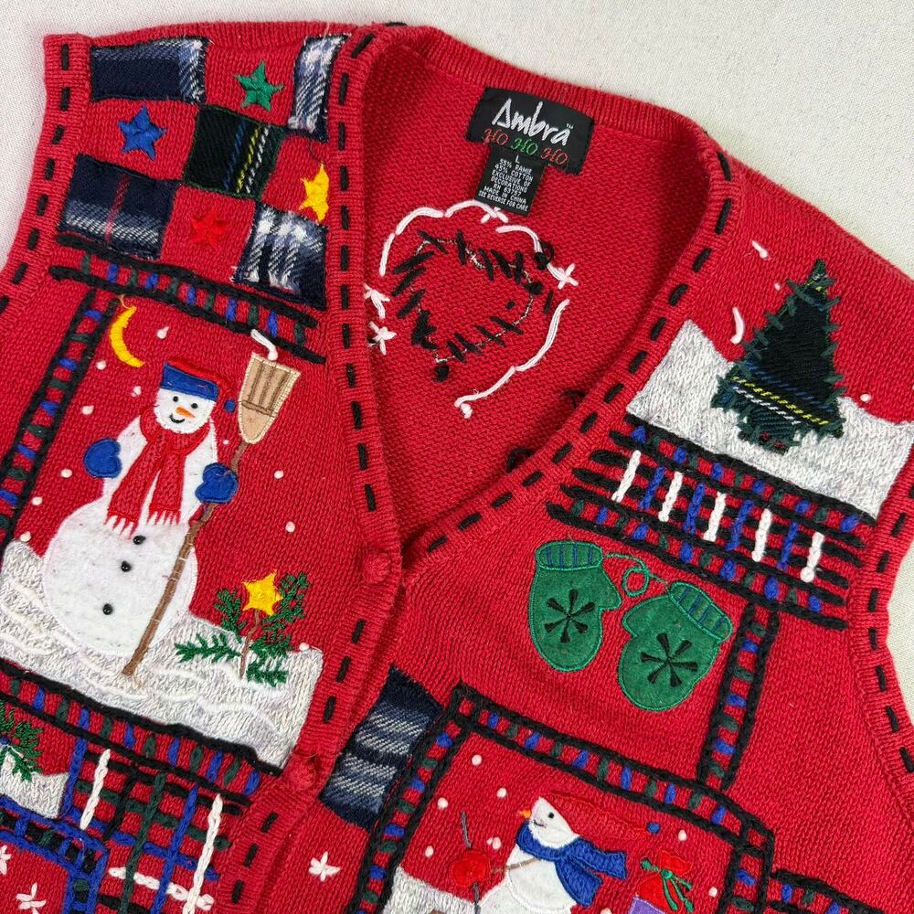 Vintage Christmas Patchwork Snowman Sweater Vest Women's L Ugly Sweater Novelty
